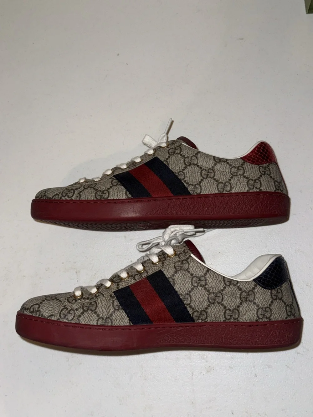 Gucci Beige GG Supreme Sneaker with Red Sole and Navy-Red Web